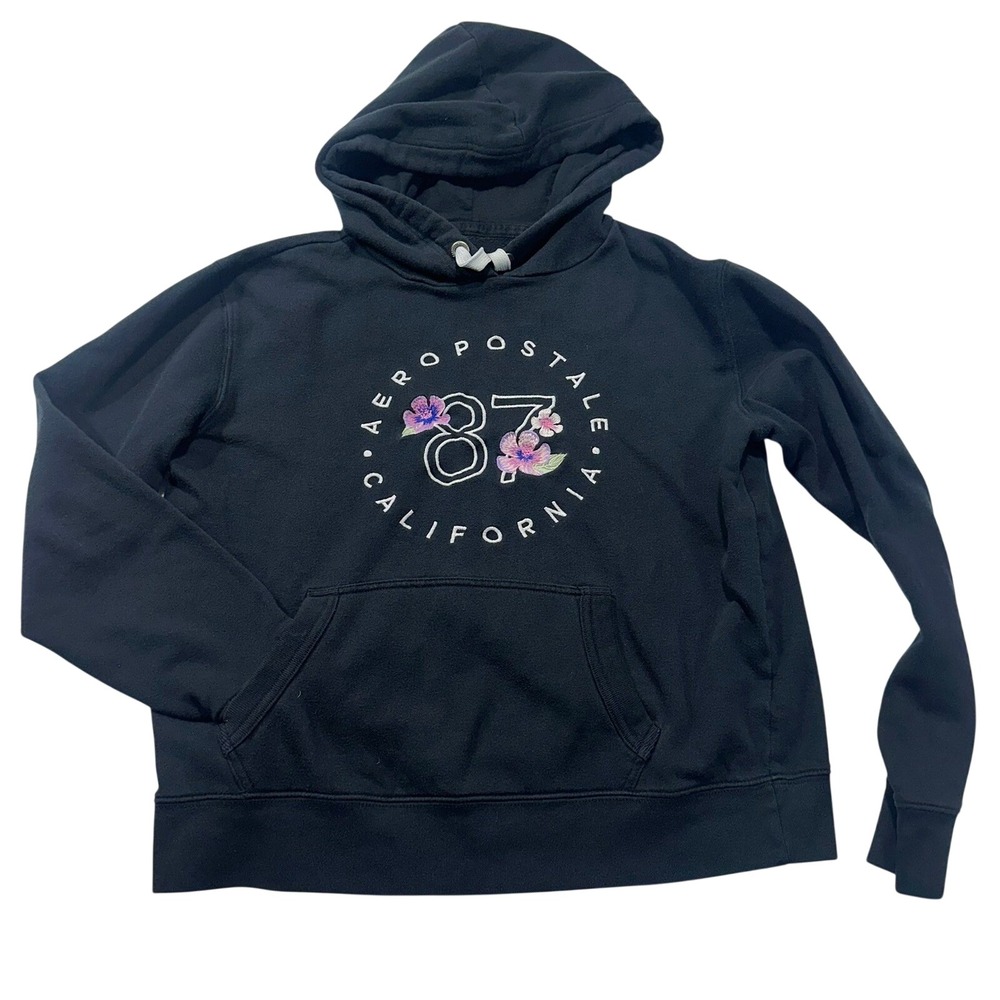 Aeropostale Womens 87 California Floral Hoodie Black Sweatshirt M Casual Cozy
